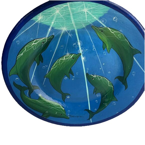 Mexican Pottery Large Hanging 17 Inch Plate Hand Painted Dolphins Display Signed - Picture 3 of 4
